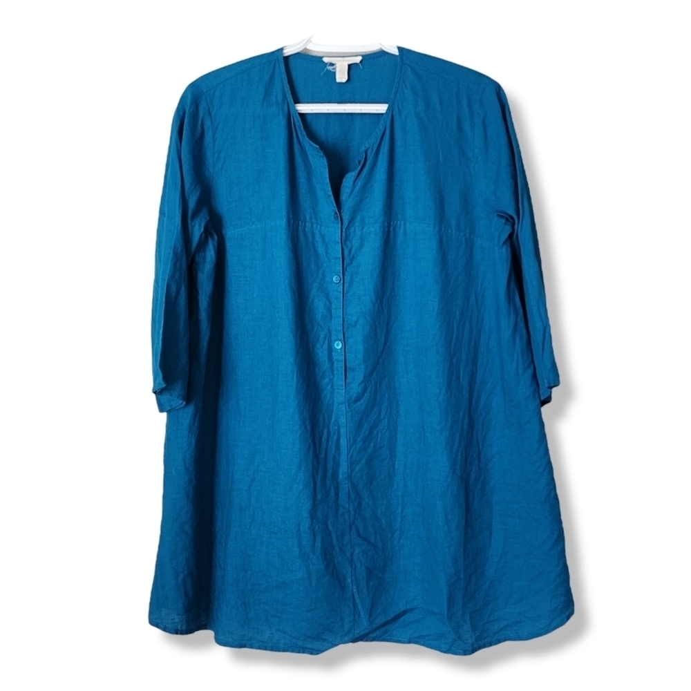 EILEEN FISHER‎ 100% linen long line tunic blouse in sea glass Lagenlook size XS